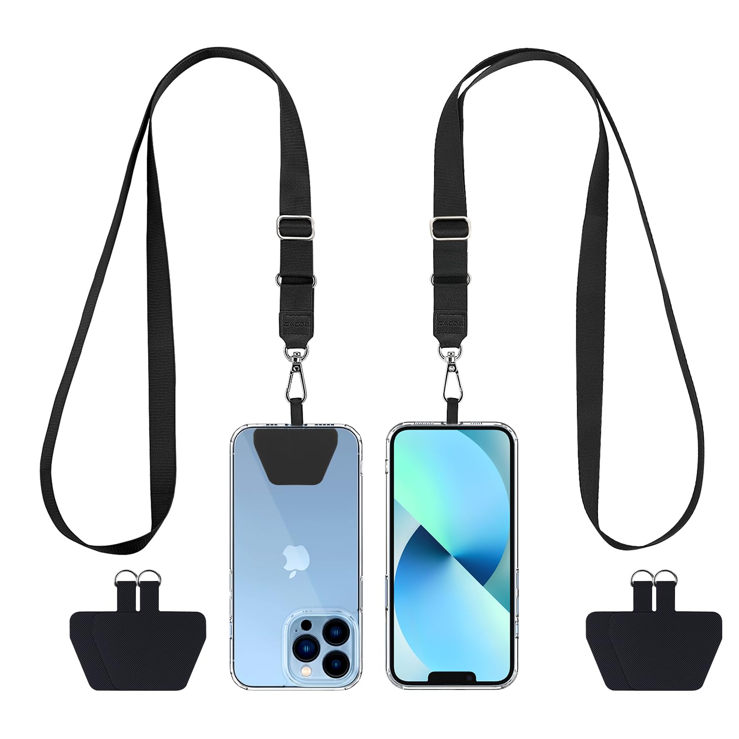 Photo 1 of CACOE Phone Lanyard 2 Pcs Adjustable Neck Strap,4 Pcs Patches,Multifuctional Patch Polyester Phone Lanyards Compatible with Most Smartphones(Black+Black)