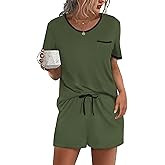 Ekouaer Pajama Set for Women 2 Piece Lounge Set Short Sleeve Tops and Shorts Soft Sleepwear, Chest Pocket