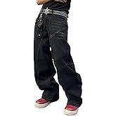 DFGIGT Mens Baggy Jeans Patchwork Y2k Hip Hop Wide Leg Denim Pants Casual Loose Fit Trousers Streetwear