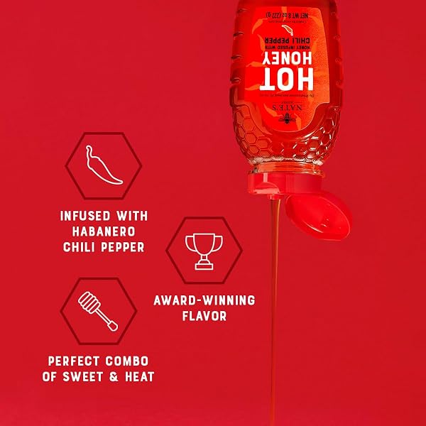 NATE’S HOT HONEY – 100% PURE HONEY INFUSED WITH HABANERO CHILI PEPPER FLAKES, AWARD-WINNING TASTE – 8 OZ SQUEEZE BOTTLE