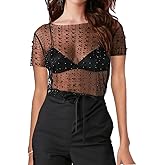 Fuimsul Women Sexy Mesh Sheer Pearl Rhinestone Crop T Shirt Summer Slim Fit Short Sleeve Crew Neck See Through Crop Top