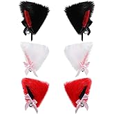 Chuangdi 3 Pairs Cat Ears Hair Clip with Bell Cosplay Women Plush Furry Animal Ears Hair Clip Hairband for Halloween Costume Cosplay Party Dress, Black, White, Red