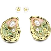 Flower Earrings for Women, White Freshwater Cultured Pearl Earrings Studs, 14K Gold Plated Monet Garden Hand Oil Painting Style Jewelry