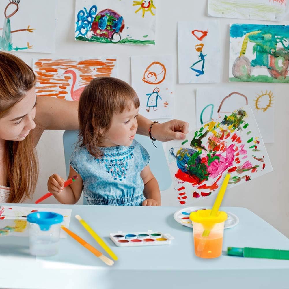Jatidne Paint Cups with Lids and Paint Brushes for Kids Paint Assortment Childrens Paintbrushes Spill Proof Paint Cups Art Paint Set for Toddlers: Kitchen & Dining