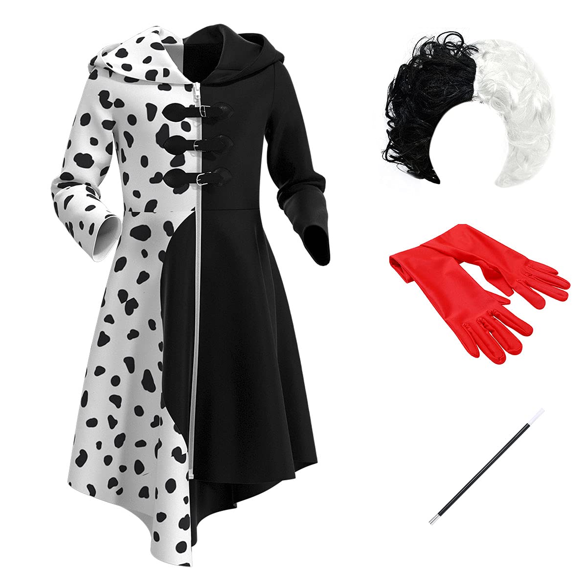Photo 1 of Kids Girls Halloween Costume Dalmatian Dog Dress Toddler Baby Carnival Cosplay Fancy Dress Up Party Birthday Role Play Gown +Wig +Gloves +The Pole 5PCS Outfit Set White-long Sleeve 7-8 Years