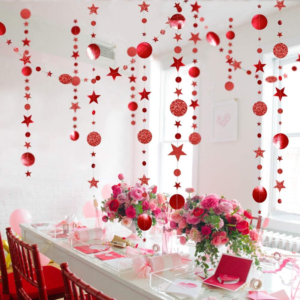 Decor365 Shimmer Red Circle Dots and Star Garlands Christmas Tree Decorations/Chinese New Year Hanging Bunting Metallic Banner Halloween/Bridal Shower/Baby Shower/Showcase/Wedding/Curtains Props