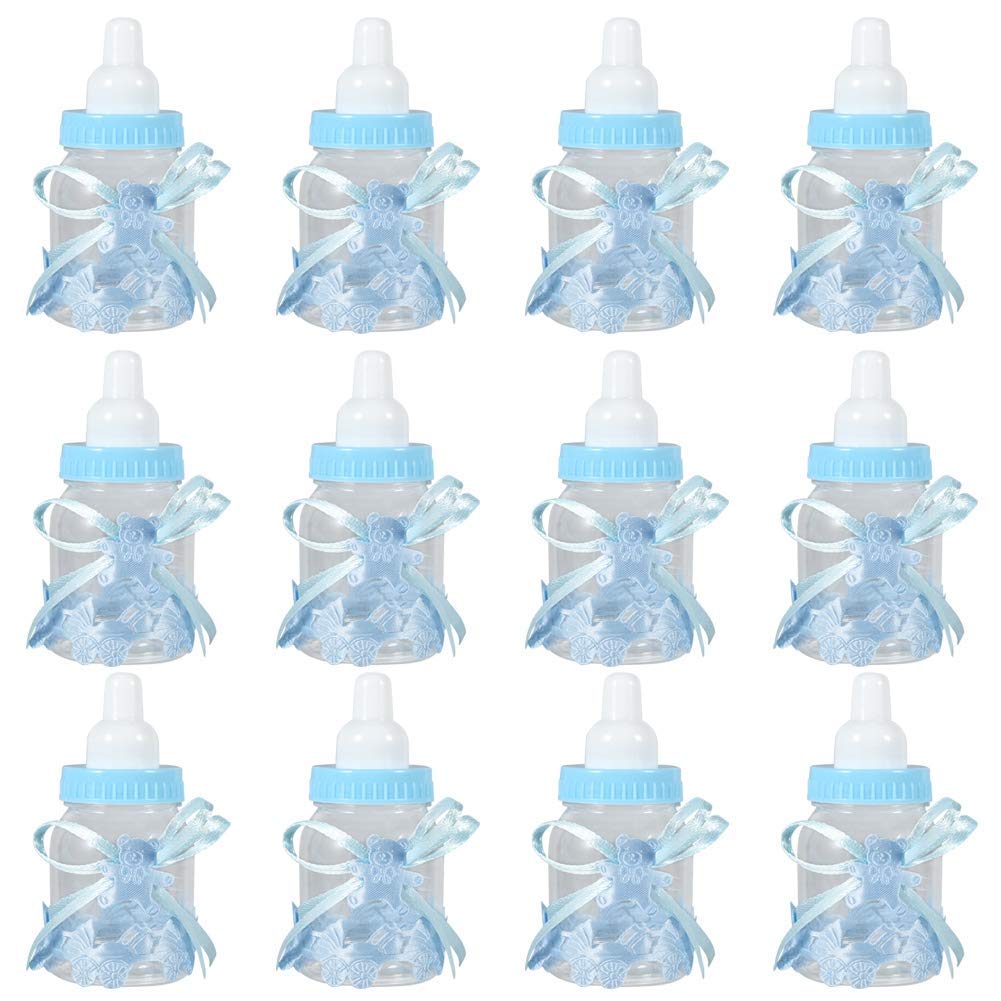 Agatige 12Pcs Baby Bottle Shower Favor, Mini Plastic Bear Candy Bottle Baby Shower Milk Bottles Supplies with Ribbon for Newborn Baby Baptism Birthday Party Decor