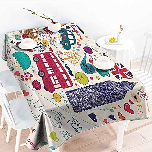 Homrkey Polyester Tablecloth London Decor Collection Colorful Set of Symbols Bus Big Ben Tea Umbrella Hat Retro Cab Fit in a Heart Picture Red Pink Blue Purple Party W60 xL102