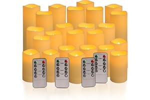 WFMOLCAND Set of 24 Waterproof Outdoor Flameless Candles,Real Wax LED Candles with 4 Remote and Timer,(H 4" 5" 6" x D 2.2"),for Halloween Wedding Festival Decor