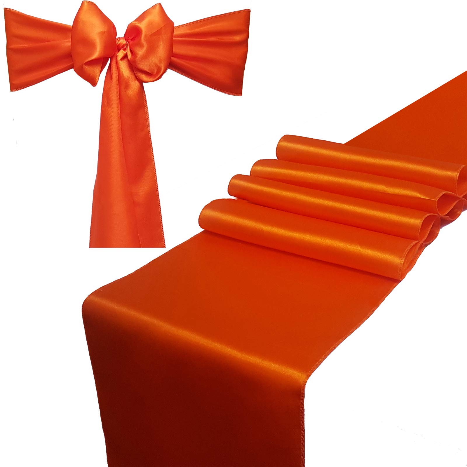 Combo Pack - 2 Satin Table Runners 12 x 108 inch & 10 Chair Sashes for Wedding Banquet Decoration, Bright Silk and Smooth Fabric Party Decor (Combo 2 Table Runner + 10 Chair Saches, Orange)