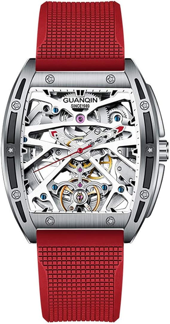 Amazon Guanqin スケルトン 腕時計 自動巻き 機械式 ウォッチ メンズ 人気 ブランド ステンレススチール と レザー オス 時計 防水 夜光 赤いゴム メンズ腕時計 腕時計 通販