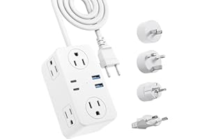 Kakyanill European Travel Plug Adapter, EU/UK/US Travel Adapter Power Strip, 6 AC Outlets, 20W USB C Power Delivery, 3ft Wrapped Around Extension Cord, Compact for Travel