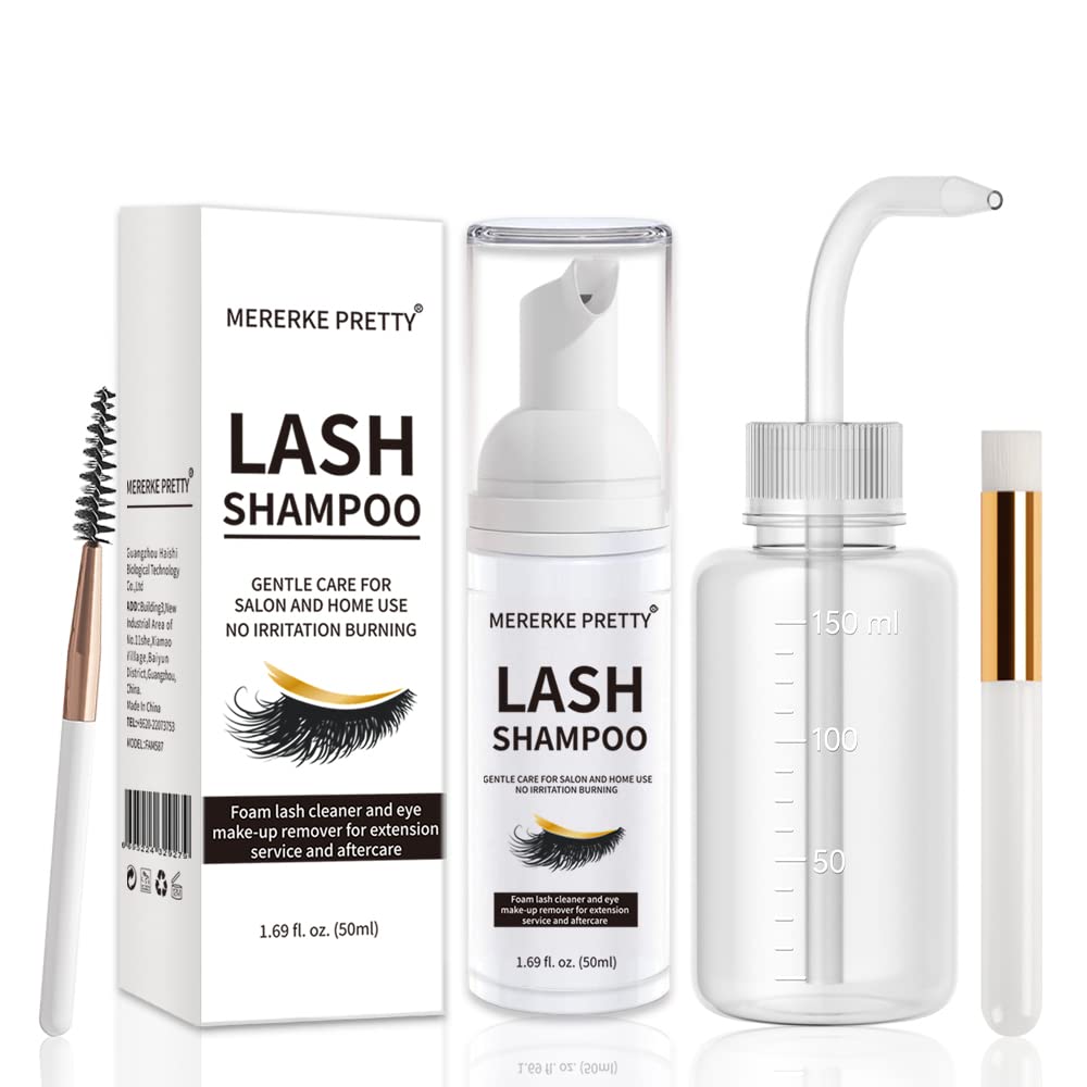 Eyelash Extension Cleanser 50 ml + Brushes + Rinse Bottle, Lash Foam Shampoo for Extensions and Natural Lashes, Paraben & Sulfate Free, Salon and Home Use
