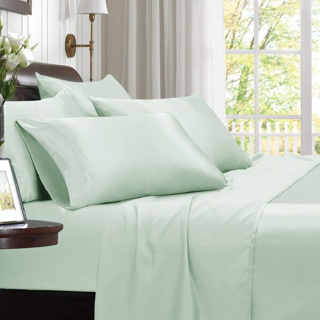 Homiest 6-Pieces Satin Sheets King Size Luxury Silky Satin Bedding Set with Deep Pocket 1 Fitted Sheet + 1 Flat Sheet + 4 Pillowcases, Mint Green: Home & Kitchen
