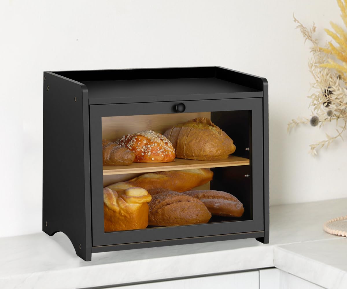 RayLove Wooden Bread Box, Double Layer Bread Bin, Large Breads Storage Container for Kitchen Counter Corner, Cabinet, Pantry, Cupboard - Assembly (Black)