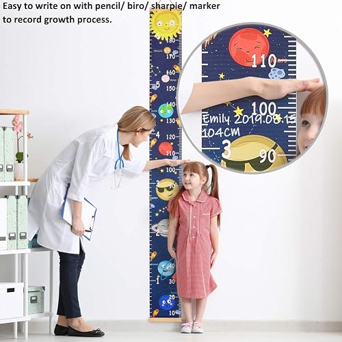 Beinou Kids Height Growth Chart – 7.9” X 79” Canvas Ruler With Wood Frame, Blue, Hanging Wall Decor
