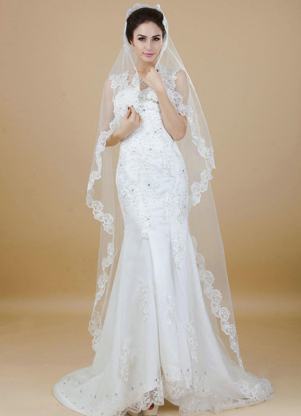 Aukmla Elegant Cathedral Wedding Veil with Lace Chapel Lace Wedding Veil Long Lace Veil Single Tier Veil