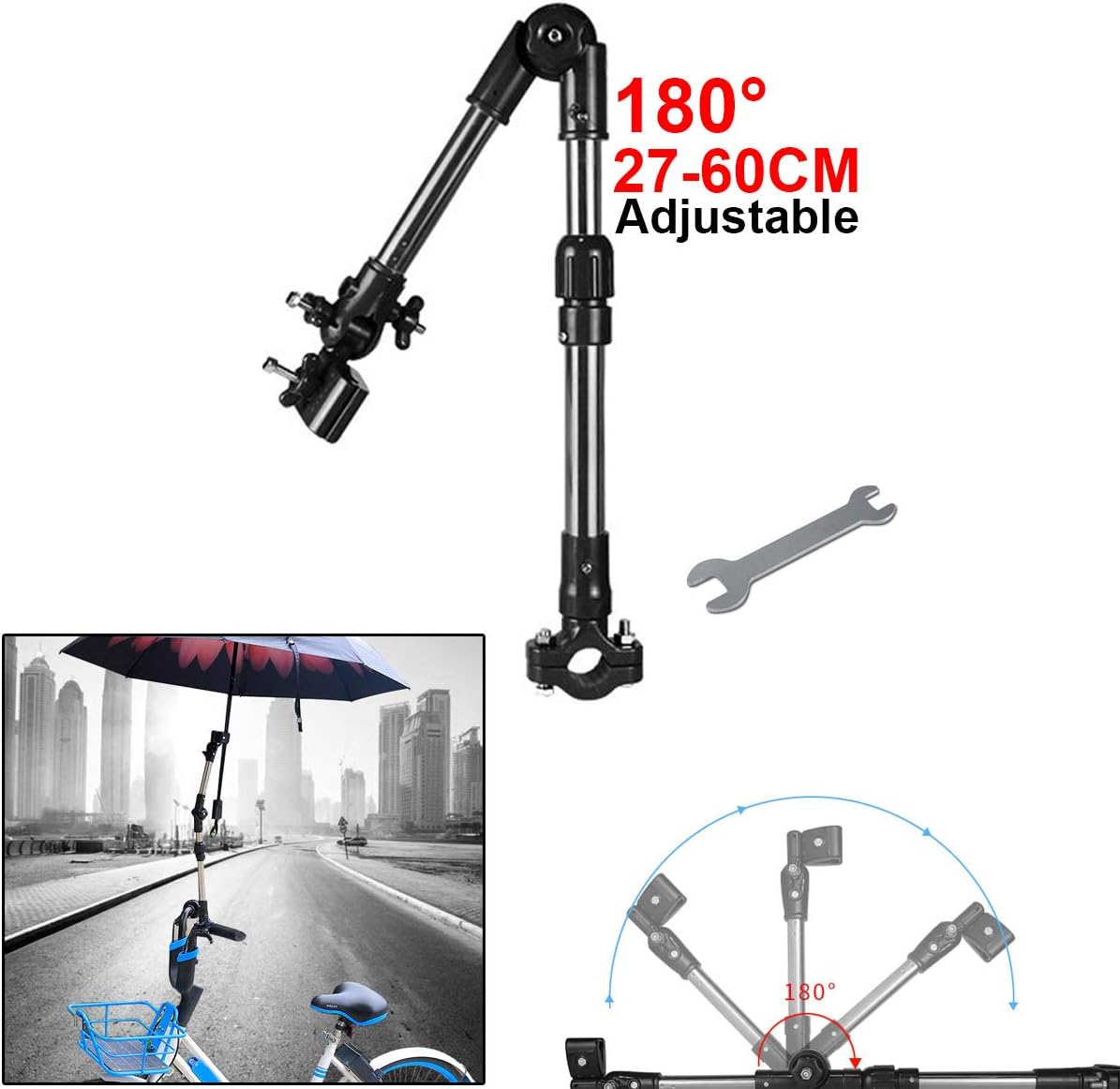 7E TRADING Umbrella Multi-angle Connector Holder for Bicycle/Motorcycle Wheelchair/Pram/Pushchair with Easy Wrench black 60CM