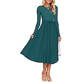 ZESICA Women's Fall Long Sleeve Midi Dress 2025 Casual Crewneck Knit Belted Pleated A Line Flowy Party Dresses