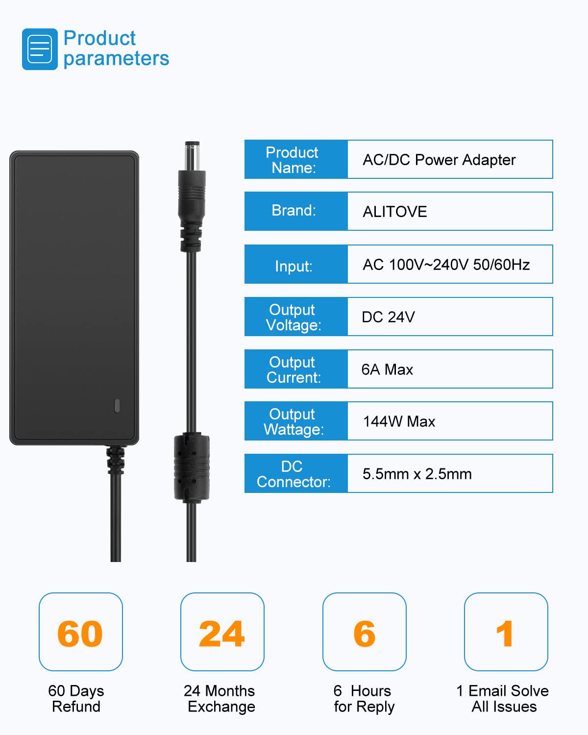 ALITOVE 24V 6A Power Supply Adapter Converter 100-240V AC to DC 24 Volt 144W 6Amp 5A 4A Transformer with 5.5x2.5mm Plug for LED Strip Light CCTV Camera Monitor Massage Chair DC Pump Fan
