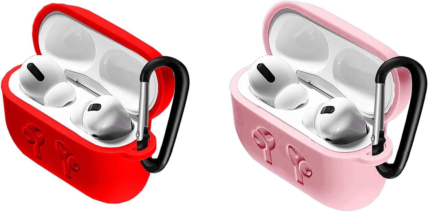 [2Pack] Case Compatible for Apple AirPods Pro Case,with Anti-Lost Carabiner.[Front LED Visible] Protective Silicone Cover and Skin Shockproof Portable & Protective Silicone -red+Pink