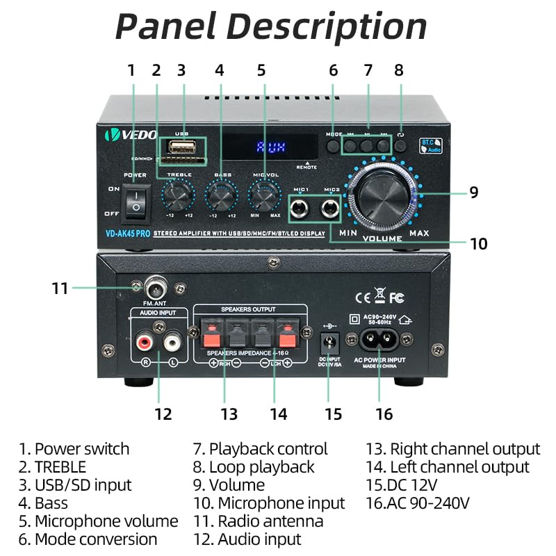 Amplificador de áudio estéreo profissional AK45 Pro, sistema de amplificação de potência sem fios Bluetooth 5.0 de dois canais de 300 W, adequado para uso doméstico, rádio FM, USB e controlo remoto