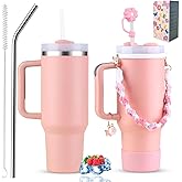Sanilinwild 40 oz Tumbler Insulated Mug w/Straw & Flip Cap Lids - Cup Holder Bottle with 6 Accessories Set for Hot, Cold Drink - Leak-Proof - Water, Coffee Portable Travel Mug (Coral)