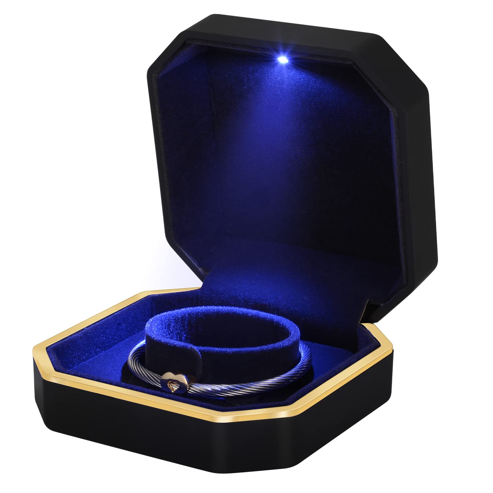 Luxury Bracelet Box, Velvet Jewelry Bangle Box Storage Case Organizer Holder with LED light for Jewelry Display Proposal Engagement Wedding Valentine's Day (Bracelet Box, Black)