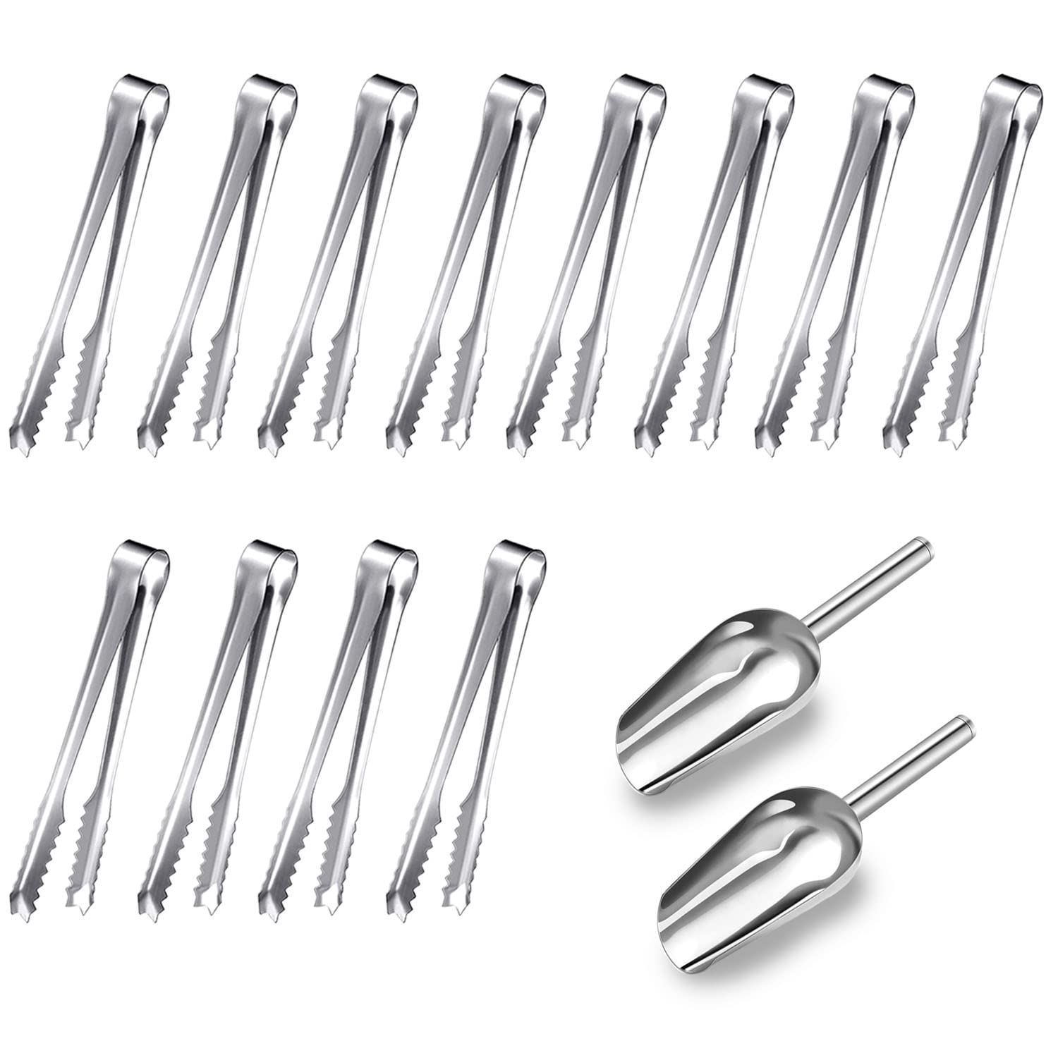 Stainless Steel Sugar Tongs Set, 12 Pieces Sugar Tongs and 2 Pieces Ice Scoop, Ice Cube Tongs, Pastry Tongs, Candy Clip, Kitchen Tongs
