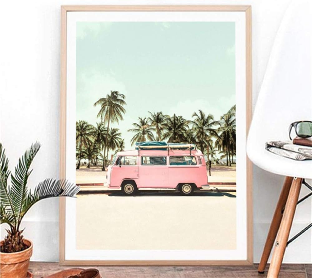 Danjiao Pink Camper Van Bus Canvas Art Prints Retro Car Poster Beach Palm Trees Canvas Painting Coastal Wall Picture Boho Art Home Decor Living Room Decor 40x60cm