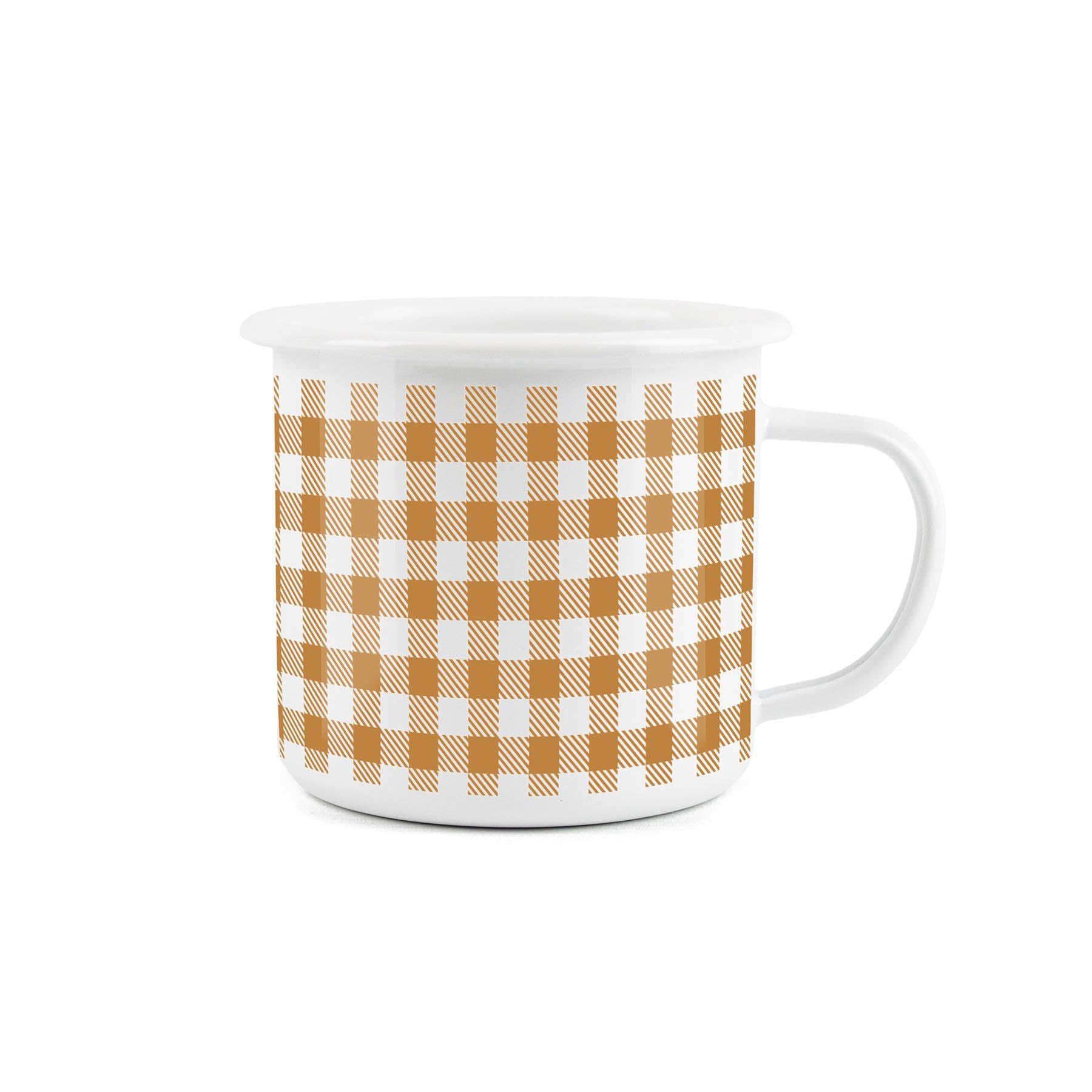 Orange Gingham Enamel Mug - White Camping Novelty Durable Hot Drinks Outdoor Cup for Travel Picnics Home Hiking