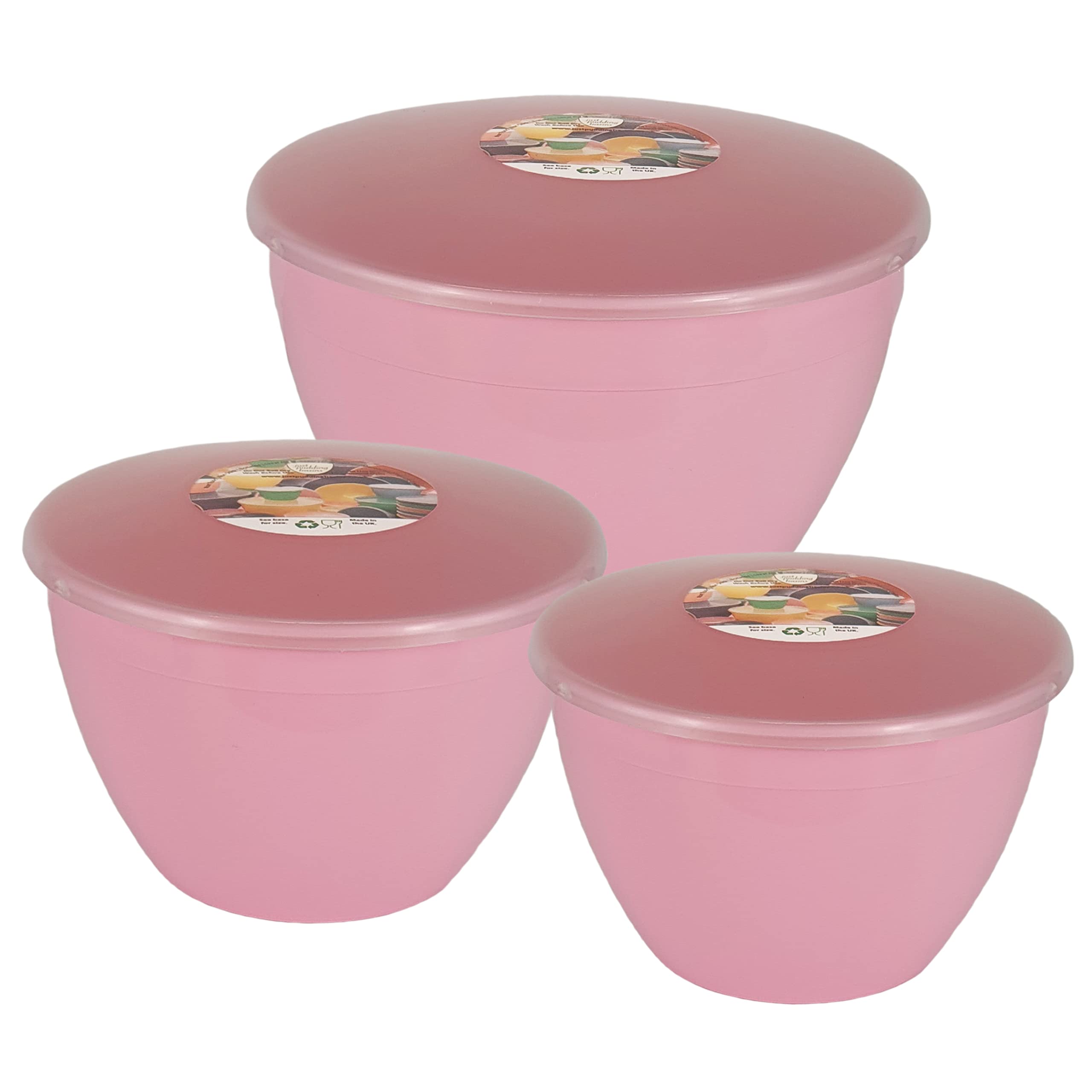 Just Pudding Basins 3 Larger Bowl Sizes and Lids in 1 Set, 1x 1.5pt (850ml), 1x 2 pint (1.14lt), 1x 3pt(1.71lt) Pink