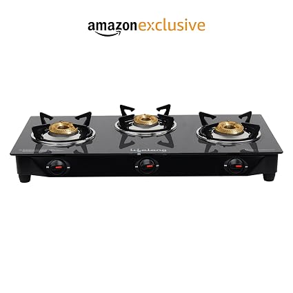 Lifelong Glass Top Gas Stove, 3 Burner Gas Stove, Black (1 year warranty with Doorstep Service)