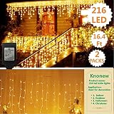 KNONEW ( 2PCs LED Icicle Lights, 216 LEDs, 16.4ft, 8 Modes, Curtain Fairy Light, LED String Light for Wedding/Christmas/Halloween/Thanksgiving/Easter/Party Backdrops (Warm White)
