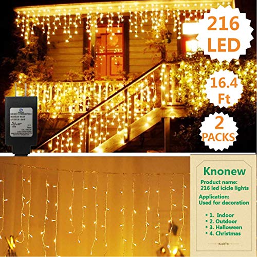 KNONEW ( 2PCs LED Icicle Lights, 216 LEDs, 16.4ft, 8 Modes, Curtain Fairy Light, LED String Light for Wedding/Christmas/Halloween/Thanksgiving/Easter/Party Backdrops (Warm White)