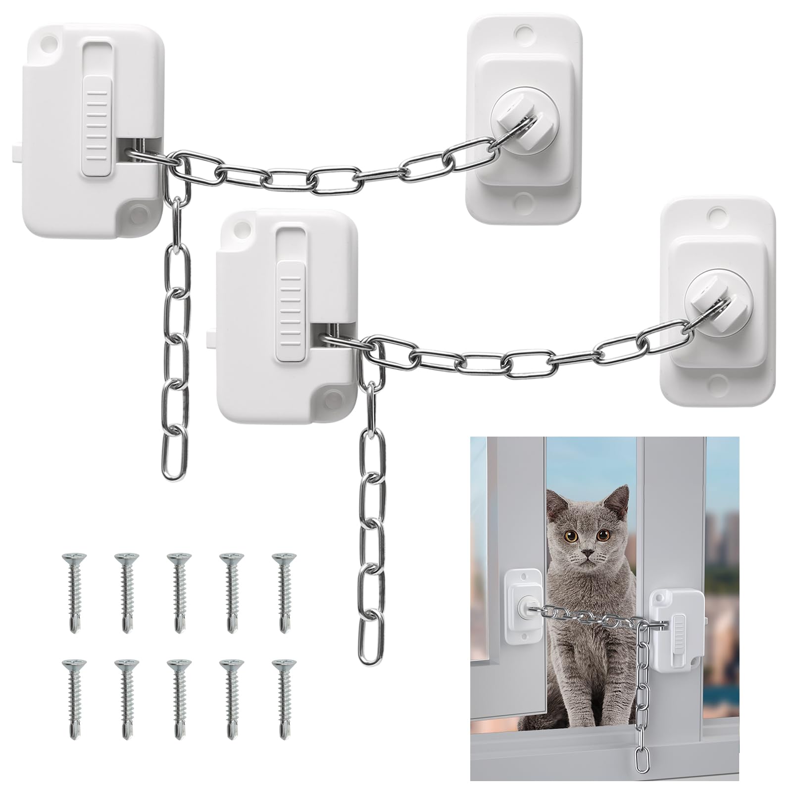 2Pcs Window Locks Window Safety Restrictors with Screws, Window Restrictor Locks for Child Pets Safety, Adjustable Window Lock for Door, Sliding Window, Fridge, Cabinets, Drawers