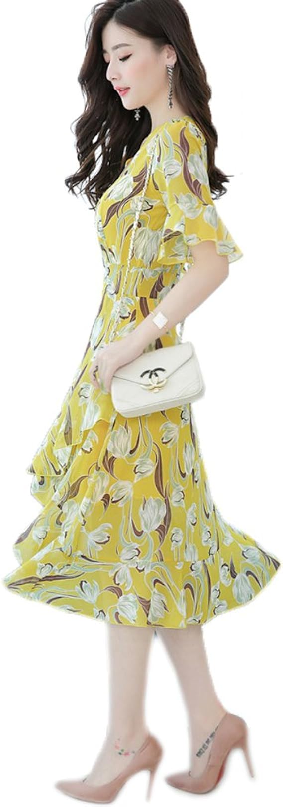 Amazon 夏18新しいシフォンドレス韓国の気質ウエストスリムワードスカートv襟花のスカートプリントドレス 黄色 2xl ワンピース チュニック 通販