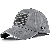 American Flag Baseball Cap, Embroidery Adjustable Washed Vintage Cotton Denim Distressed Hat for Women Men