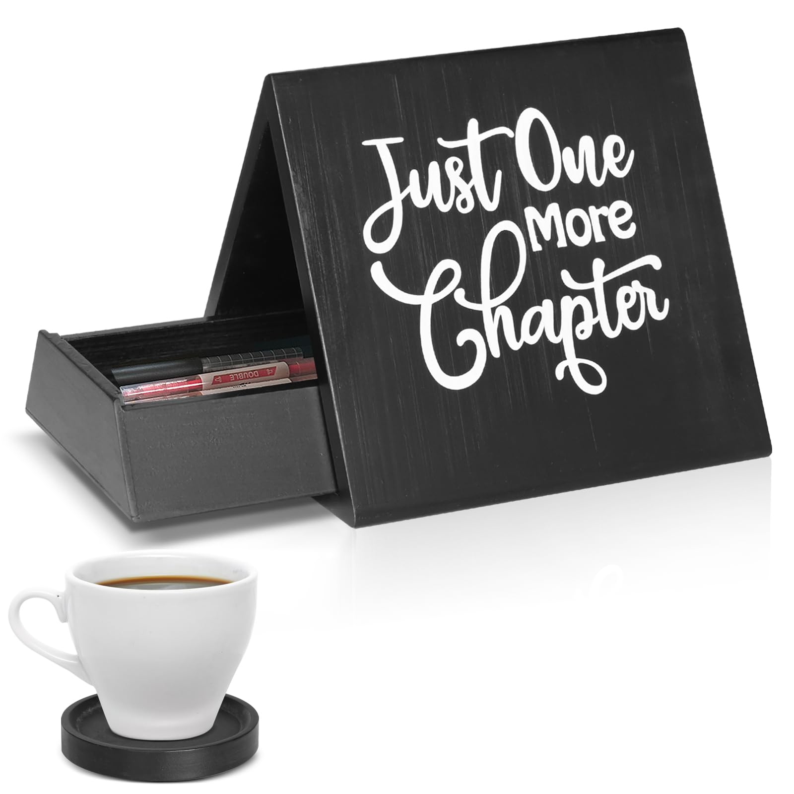 Photo 1 of Desktop Book Holder, Mini Book Rest Small Bookcase for Bedroom Nightstand Office Desk, Desktop Book Holder Stand for Page Rest, Mini Book Holder Stand with Coffee Coaster, Gift for Book Lover