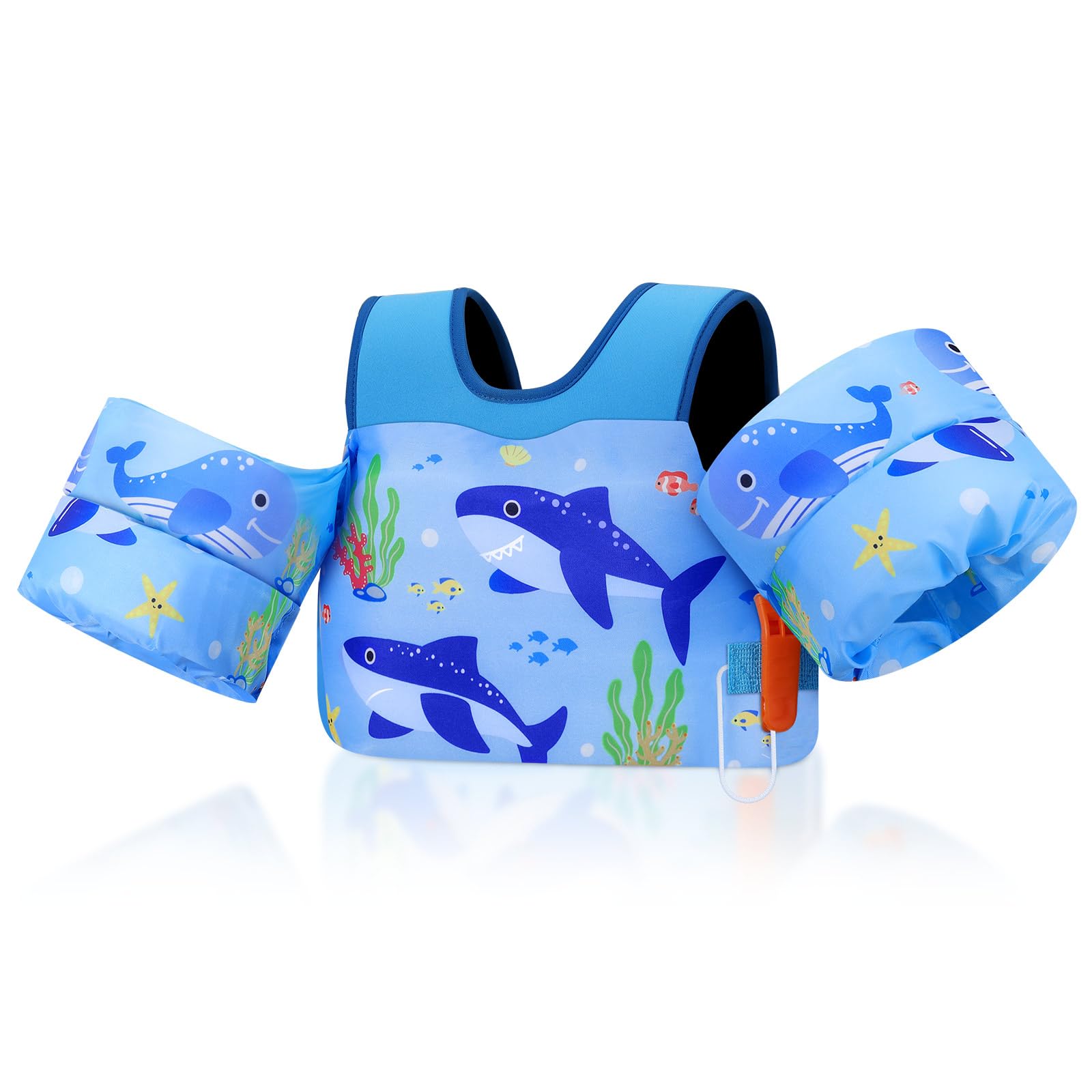Photo 1 of MoKo Toddler Swim Vest - Cute Toddler Floaties with Emergency Whistle for Boys and Girls 13-20-30 lbs Water Wings Arm Band Floaties Swim Training Equipment for Beach Swimming Pool Sea, Blue Shark