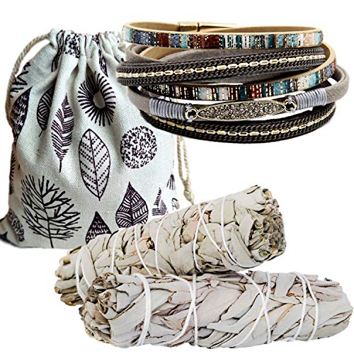 Sage Smudge Sticks Smudging Kit Healing Stones Jewelry Set, Multilayer Bracelets for Women,Crystal Pendant, Tree of Life, Stone Necklace,Stone Rings,Ring Set,Metaphysical Kit (Rhinestone Wrap Set)
