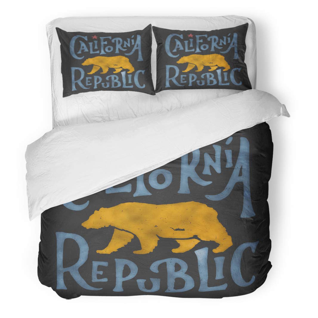 Tinmun 3pcs Duvet Cover Set Queen/Full Size California Republic Walking Grizzly Bear Typographic Ink Drawing West Brushed Microfiber Fabric Bedding Set Cover