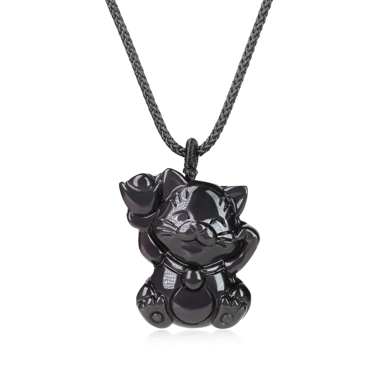 COAI Womens Lucky Cat Golden Obsidian Stone Pendant Necklace Stainless Steel Chain
