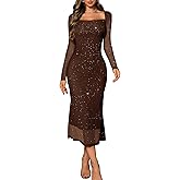 DRESSTELLS Women's Formal Wedding Guest Cocktail Party Sequin Sparkly Mesh Long Bodycon Dress