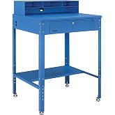 Global Industrial Flat Surfaced Shop Desk with Pigeonhole Riser &amp; Cylinder Lock Drawer, 34-1/2"W x 30" D x 38" to 42-1/2"H, Blue Powder Coat Finish, Assembly Required