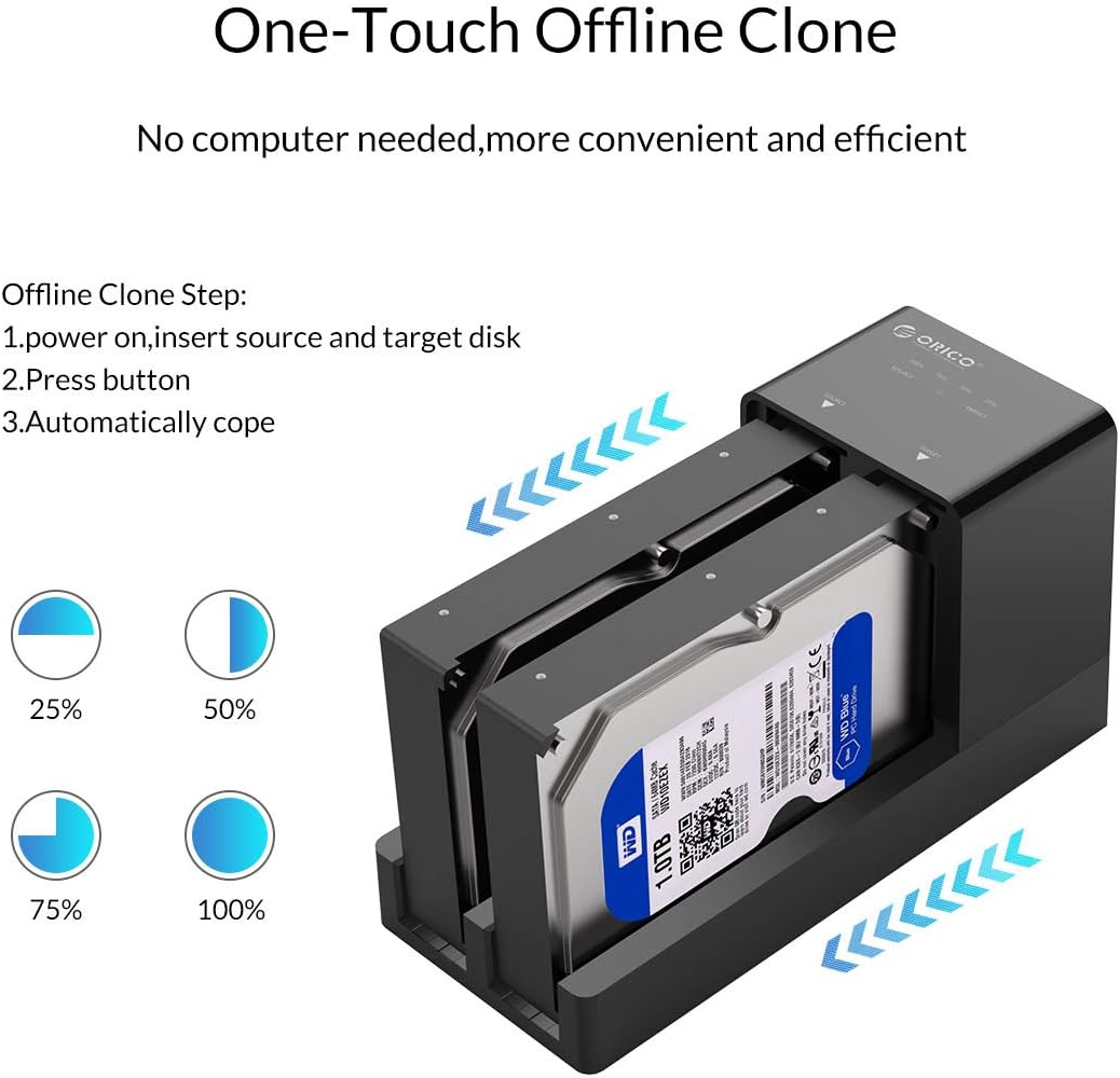 ORICO USB 3.0 to SATA Dual Bay External Hard Drive Docking Station Enclosure for 2.5 or 3.5 in HDD SSD with Offline Clone/Duplicator Function [ 20TB Support ]: Computers & Accessories