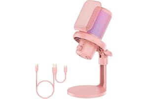 FEELWORLD VM1 Pink Gaming PC USB Microphone Condenser Mic with Noise Cancellation Mute RGB Light, Computer Accessories for Ga