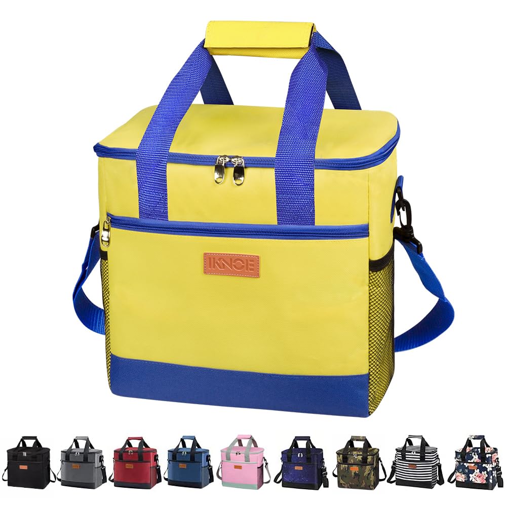 Iknoe Large Cooler Bag Collapsible 24 Can Insulated Bags Leakproof Lunch Cooler Tote with Multi-Pockets for Adult Insulated Thermal Bag for Beach, Picnic, Office Work(Yellow)