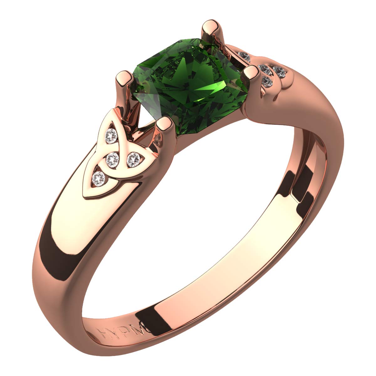GWG Jewellery 18K Rose Gold Coated Celtic Ring Emerald Green Square Stone and Trinity Knots Adorned with Crystals – 10 in Gift Box for Women