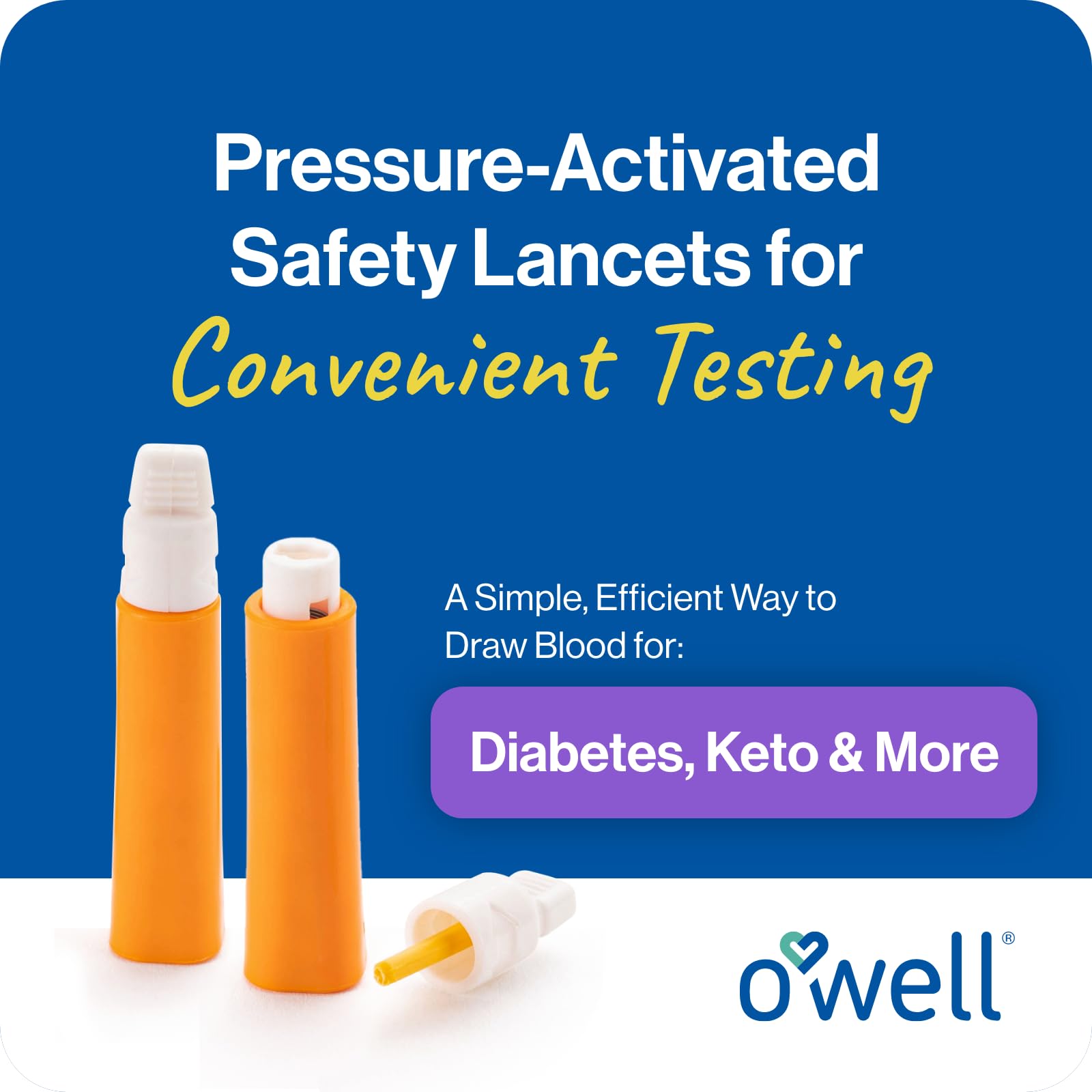 OWELL® Safety Lancets 21G x 2.5mm – 100 Count | Extra Blood Flow for Thick Skin | Sterile, Preloaded, Medical-Grade, Pressure Activated for Diabetic Glucose Testing